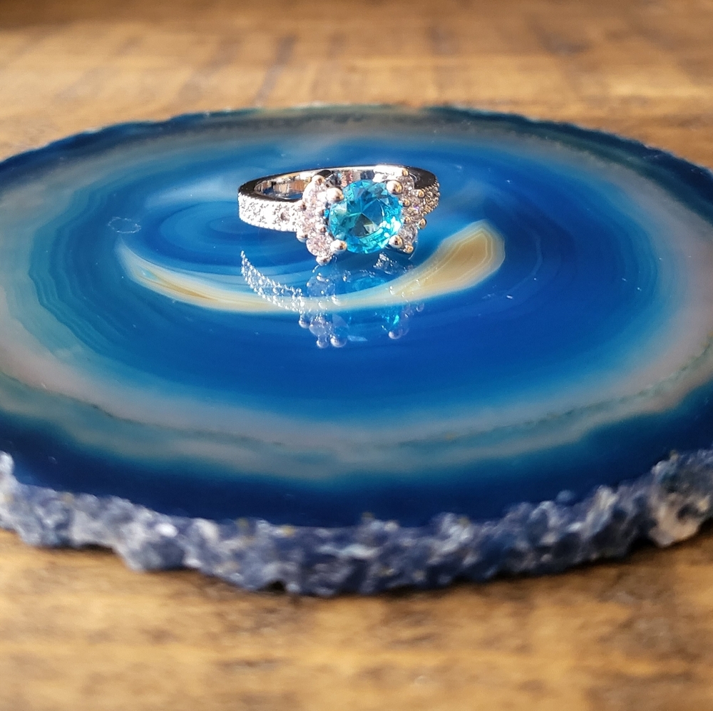 925 Sterling Silver Ring 3ct Blue Topaz & White Sapphire